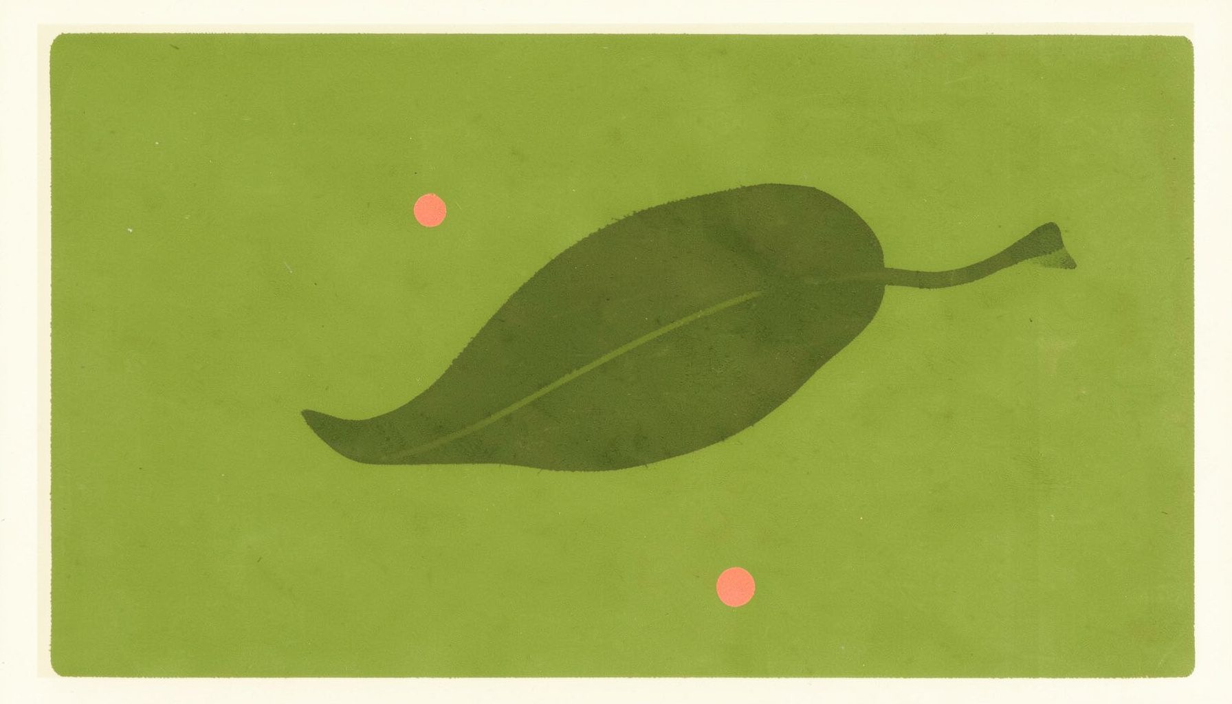 A matte gouache poster painting of a single bold olive-green leaf silhouette on a pale cream field, with a small coral dot accent, quiet and refined.