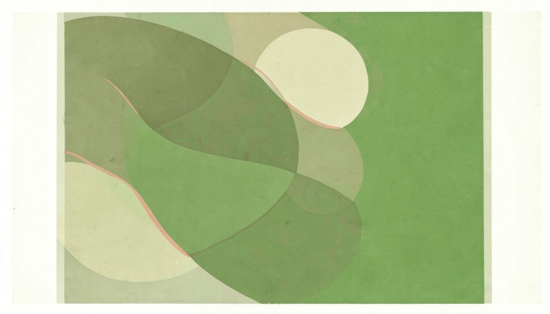 A matte gouache poster painting of abstract overlapping circles in muted olive green and soft cream tones, with a subtle coral accent line, conveying simplicity and calm.