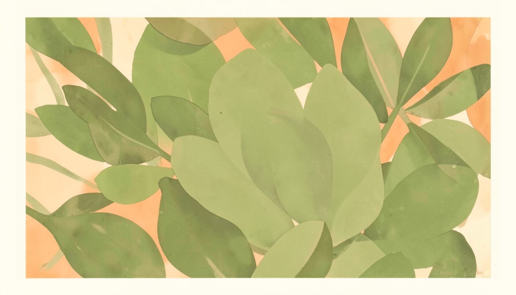 A matte gouache poster painting of soft olive-green botanical leaves layered over a warm cream background, with gentle coral-orange highlights and a calm, organic atmosphere.